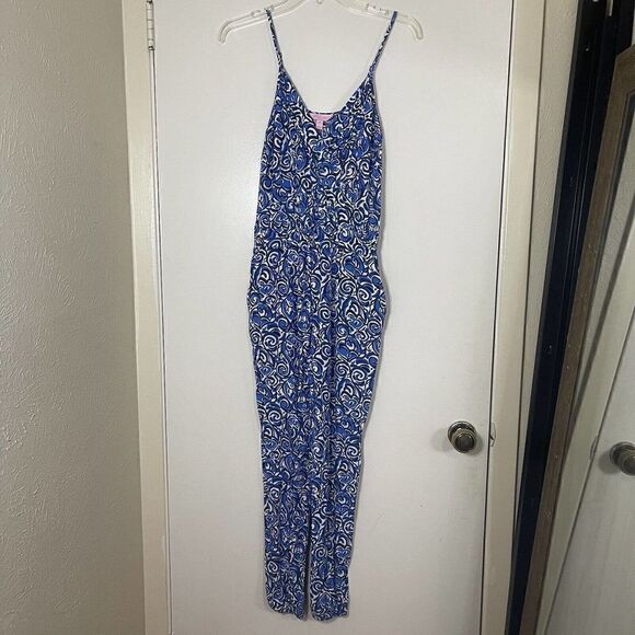 Lilly Pulitzer Melba Jumpsuit One Piece Chasing Tail Indigo Blue Fish Print XS - Picture 3 of 7